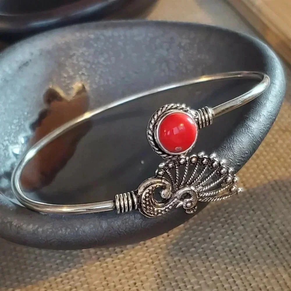 Handcrafted Red Coral Gemstone Peacock Sterling Silver Overlay Cuff Bracelet #O